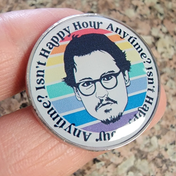 *2 for $13* Johnny Depp "Isn't Happy Hour Anytime?" Round Badge Enamel Pin - Picture 2 of 3